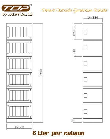 Six Tier Beach Lockers ABS Plastic Green Size Diagram