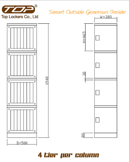 Four Tier Eco-friendly Plastic Lockers Coffee Size Diagram